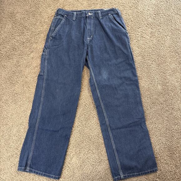 Carhartt Jeans Mens 34x30 Blue Denim Dungaree Fit Carpenter Work Pants B13 DST - Picture 1 of 6
